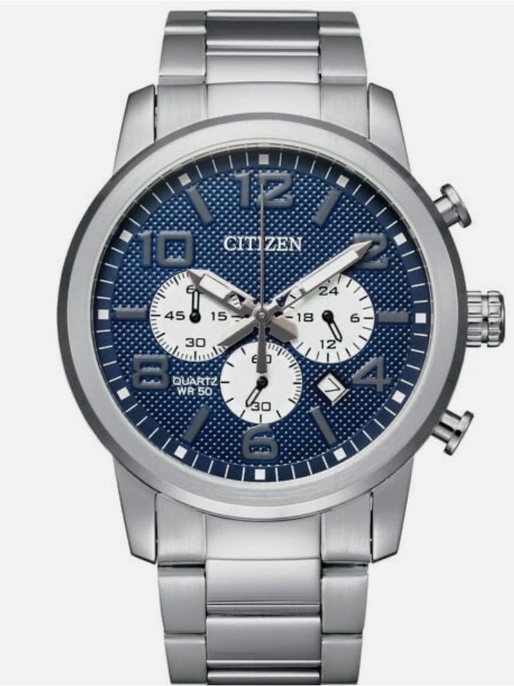 Citizen Mens Quartz Stainless Steel Chronograph Blue Dial Date Watch